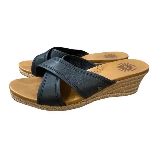 UGG Australia Womens Gwyn Espadrille Wedge Leather Sandals Size 8 Black Slides - Picture 1 of 5